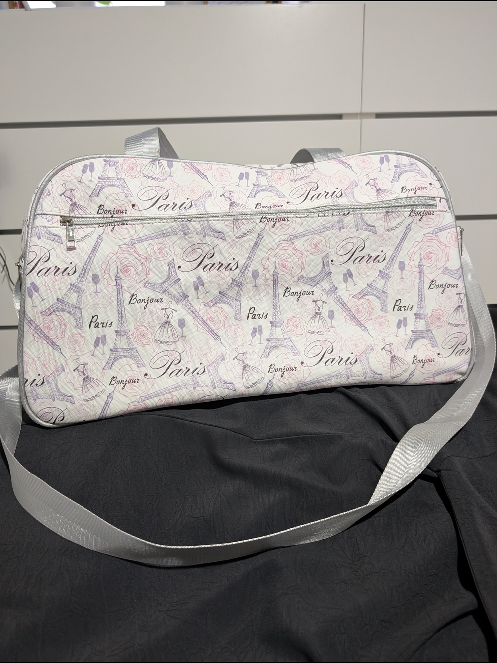Paris Print Travel Duffle Bag in White and Light Purple